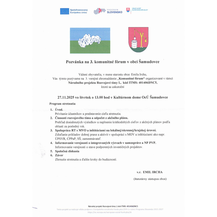 Pozvánka na 3. komunitné fórum v obci Šamudovce